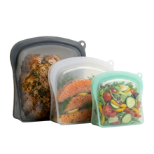 QAVO Silicone Food Storage Bags 3-Pack | Reusable Airtight Containers | 600ml 1200ml 2000ml | Charcoal Clear Teal | BPA-Free Leak-Proof